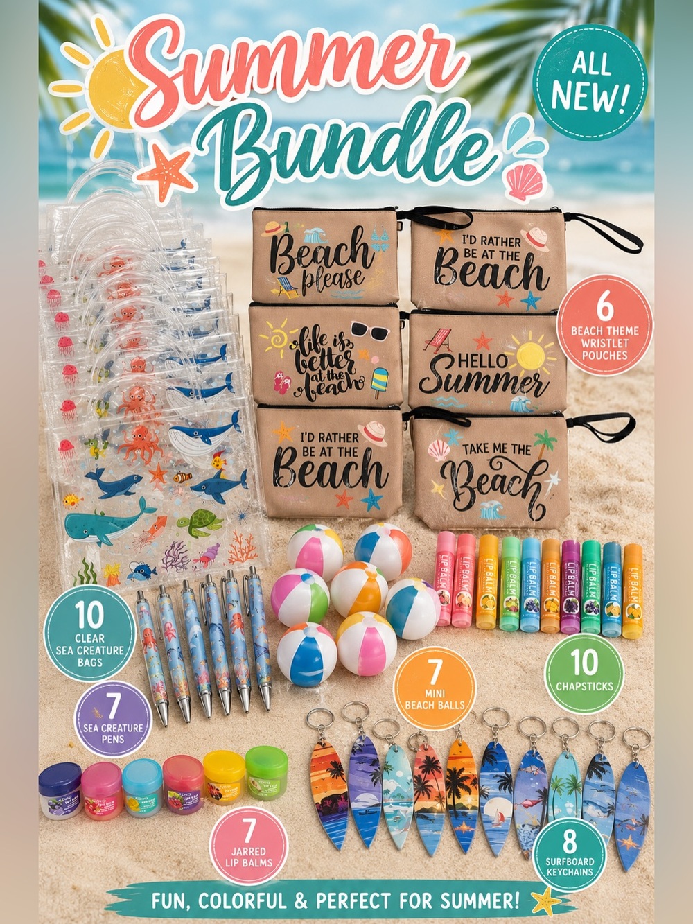 Summer Beach Party Favor Bundle 55 Pc Bags Pens Lip Balm Keychains All New